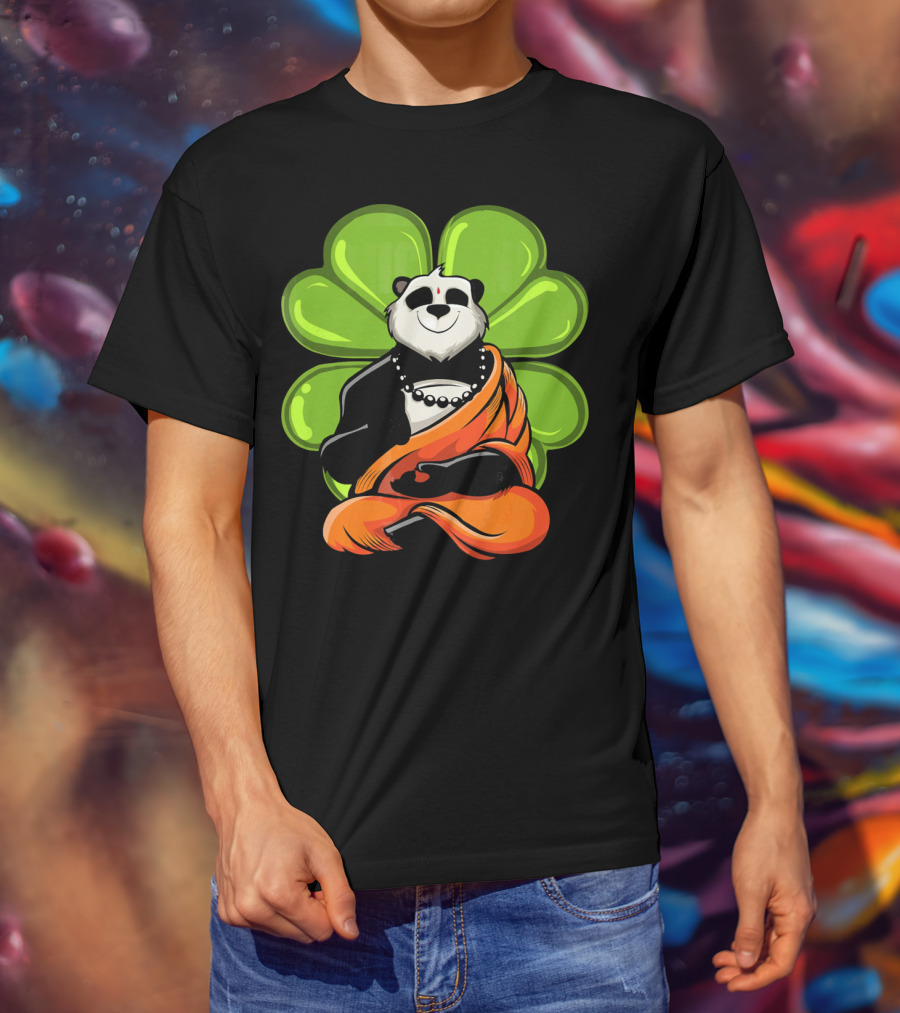 Panda Bear Buddha Zen Meditation With Lucky Four-Leaf Clover T-Shirt