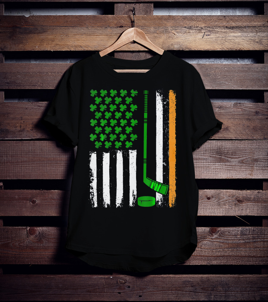 Hockey St Patricks Irish American Flag Shamrock Hockey Stick T-Shirt