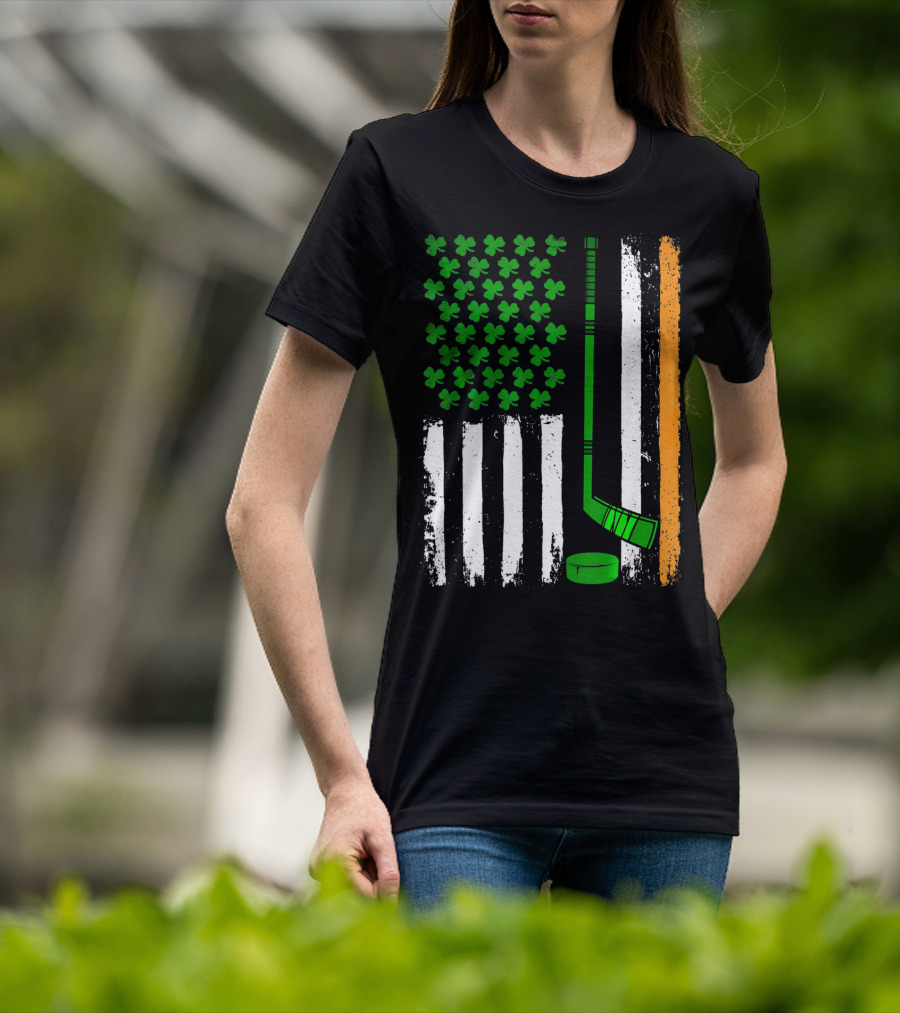 Hockey St Patricks Irish American Flag Shamrock Hockey Stick T-Shirt
