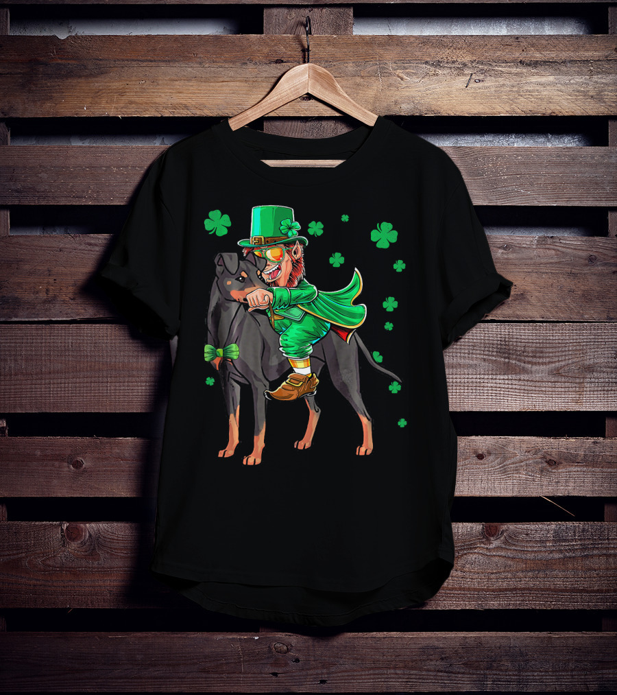 Leprechaun Riding Manchester Terrier With Shamrocks T-Shirt