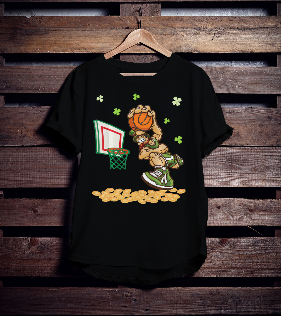 Leprechaun Dunking Basketball Surrounded By Shamrocks And Gold Coins T-Shirt