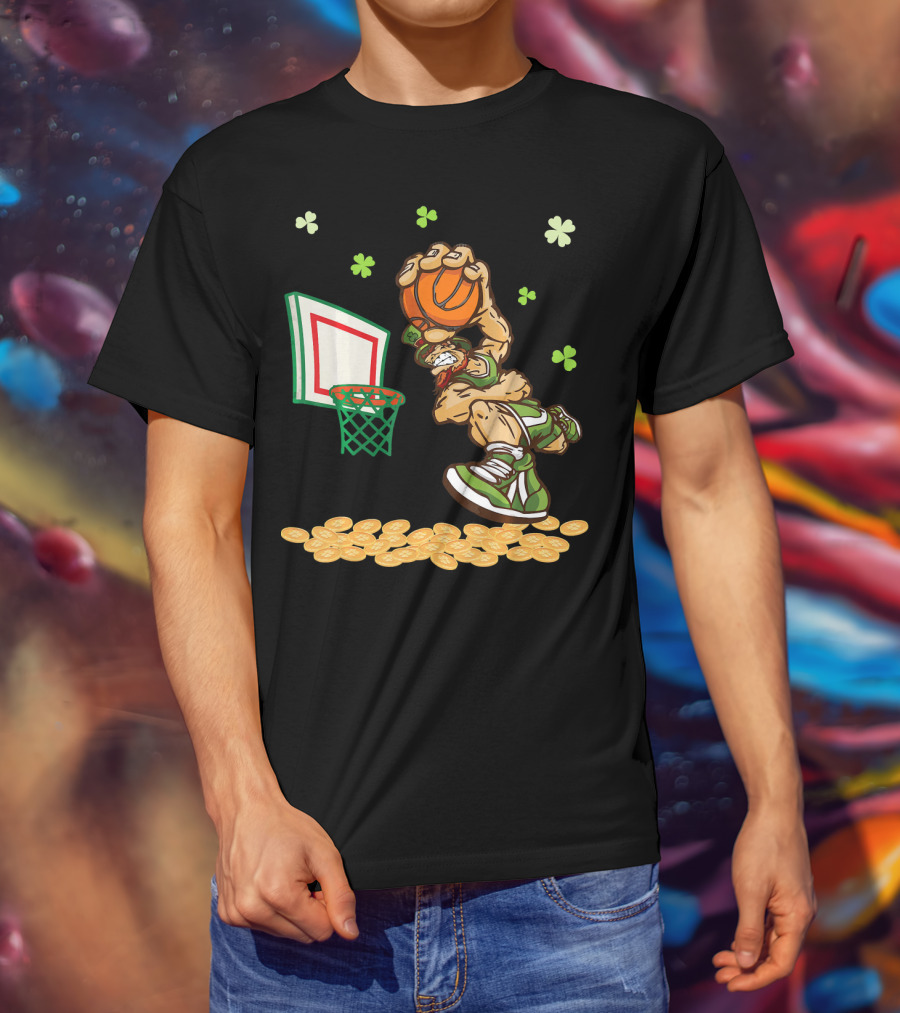 Leprechaun Dunking Basketball Surrounded By Shamrocks And Gold Coins T-Shirt