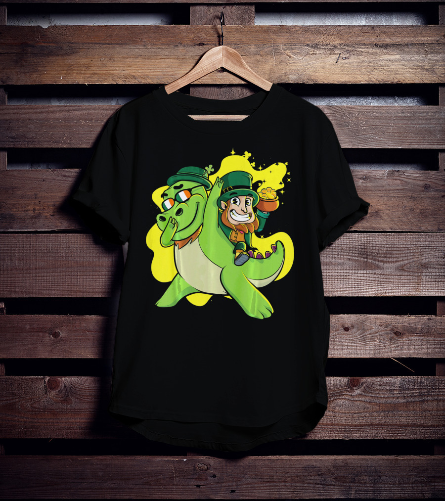 Dabbing Dinosaur And Leprechaun With Gold For St Patrick's Day T-Shirt