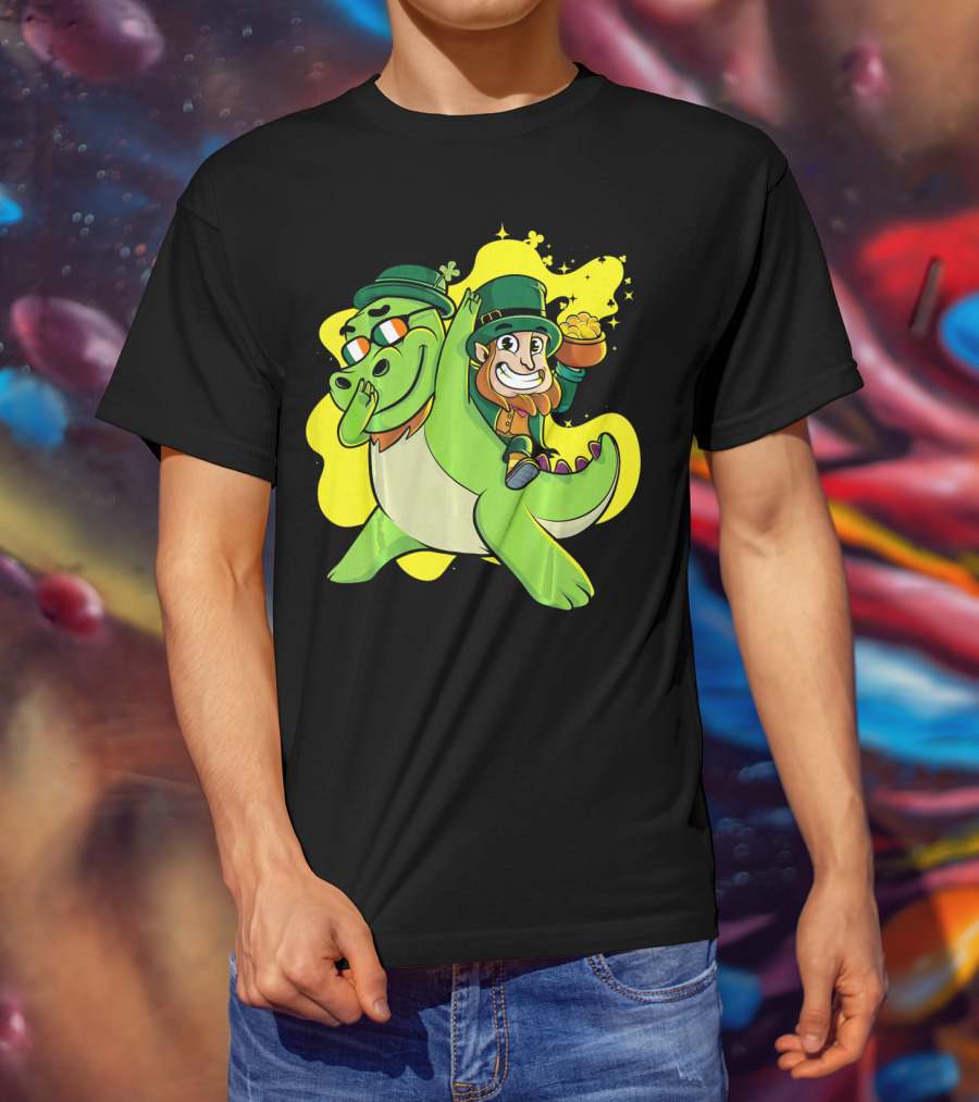 Dabbing Dinosaur And Leprechaun With Gold For St Patrick's Day T-Shirt