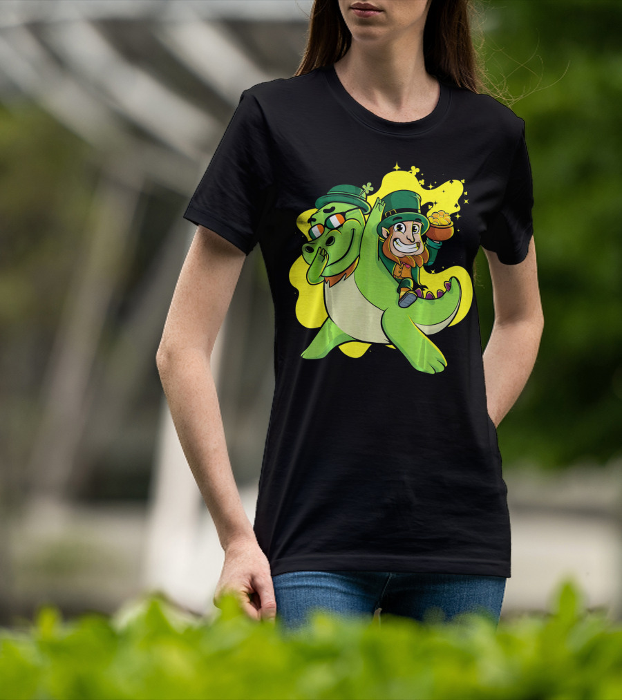 Dabbing Dinosaur And Leprechaun With Gold For St Patrick's Day T-Shirt