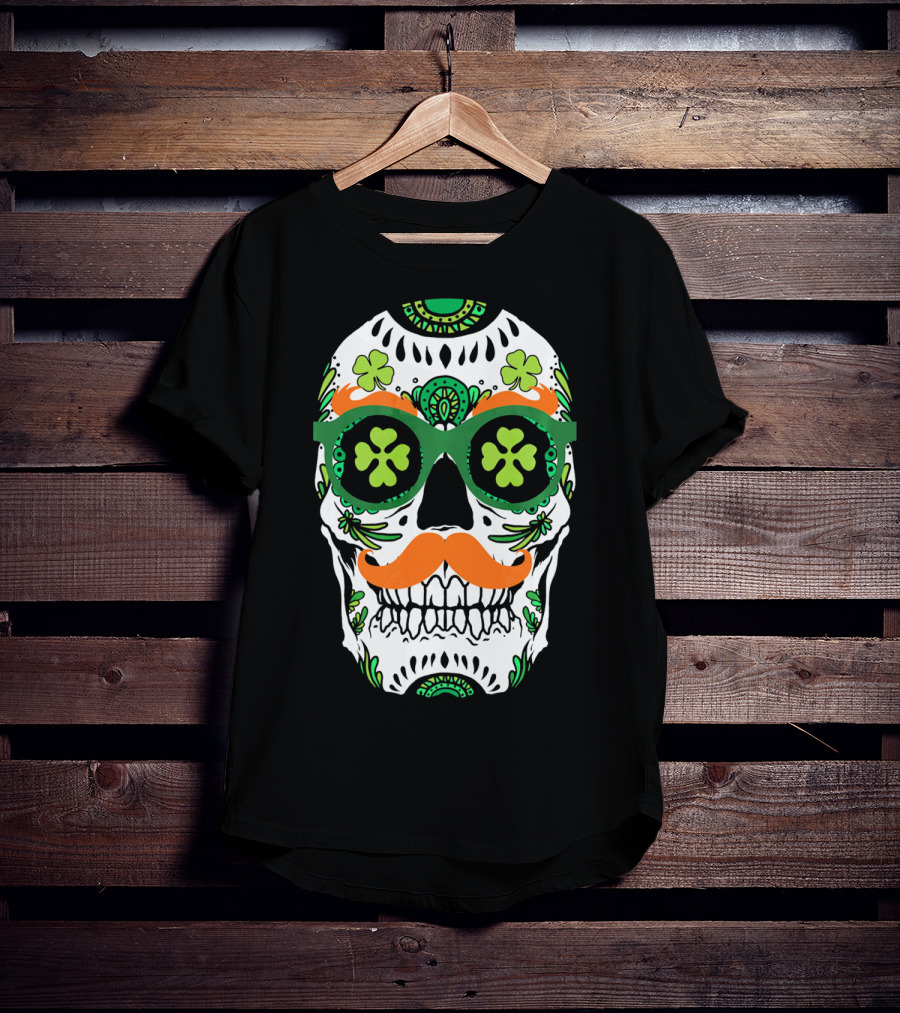 Sugar Skull Clover Mustache St. Patrick's Day T-Shirt