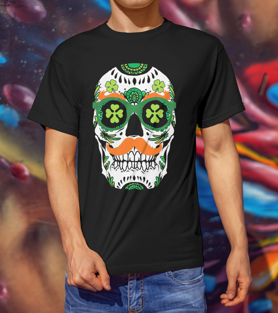 Sugar Skull Clover Mustache St. Patrick's Day T-Shirt