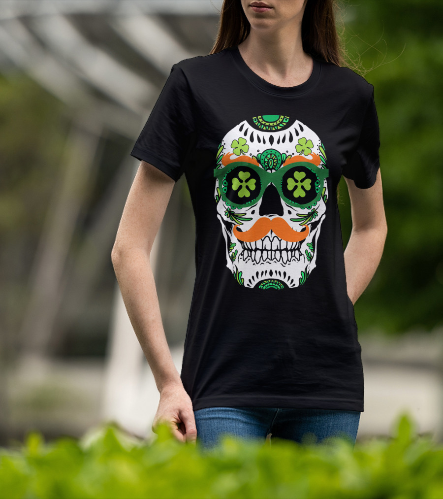 Sugar Skull Clover Mustache St. Patrick's Day T-Shirt