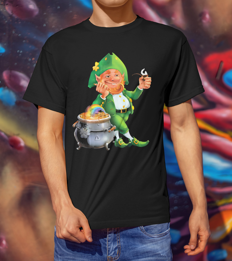 Cool Leprechaun With Rainbow And Gold Pot T-Shirt