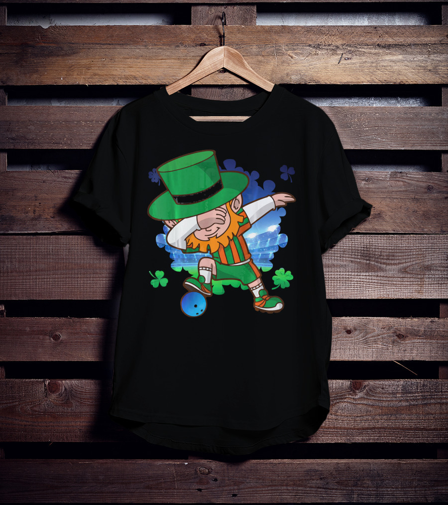 Leprechaun Dabbing Bowling With Clover Accents T-Shirt
