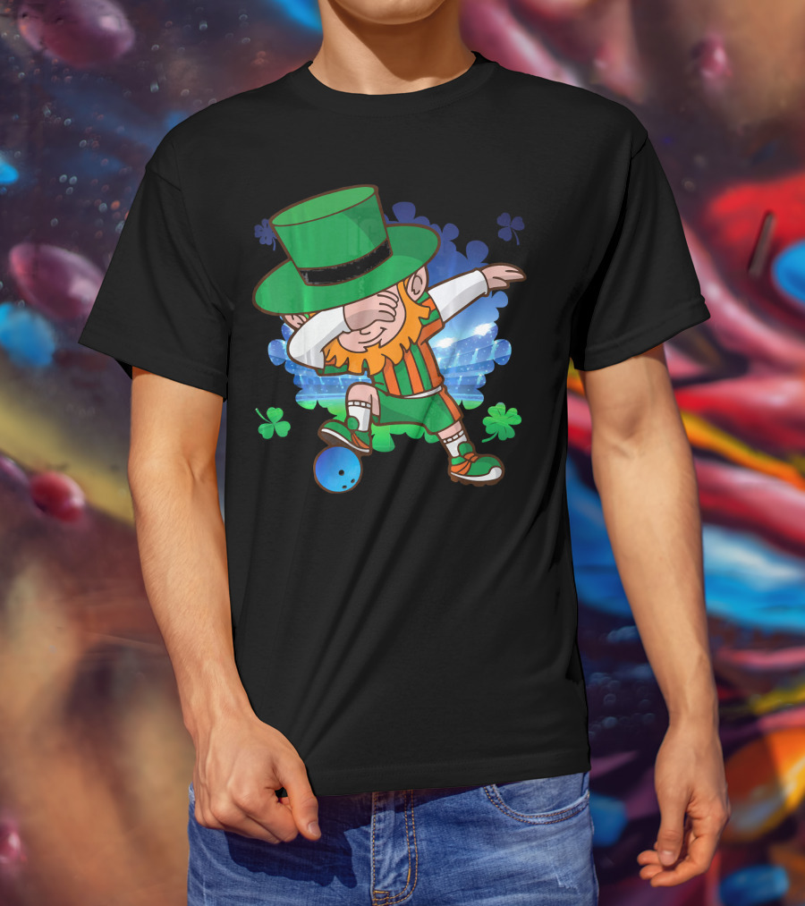 Leprechaun Dabbing Bowling With Clover Accents T-Shirt