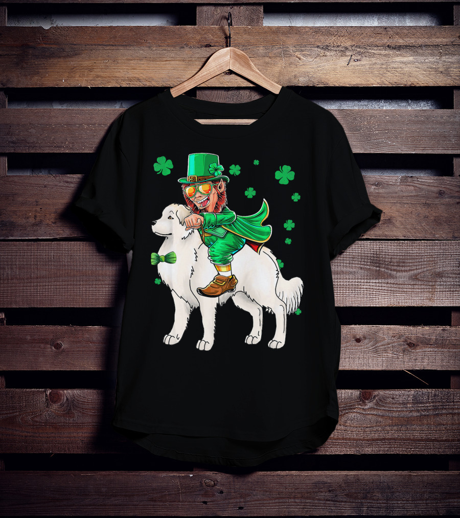 Great Pyrenees Leprechaun Riding Shamrock T-Shirt