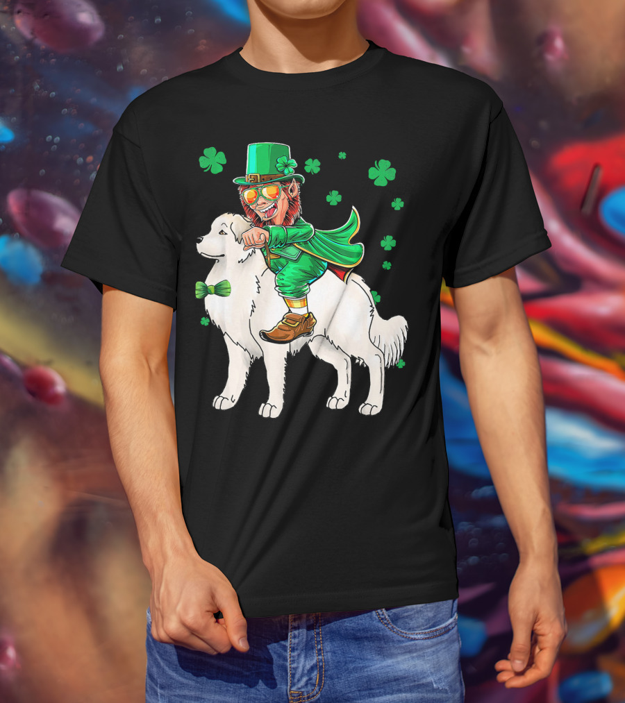 Great Pyrenees Leprechaun Riding Shamrock T-Shirt