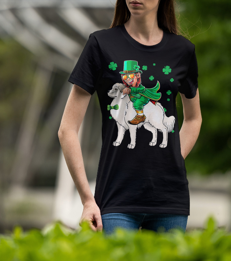 Great Pyrenees Leprechaun Riding Shamrock T-Shirt