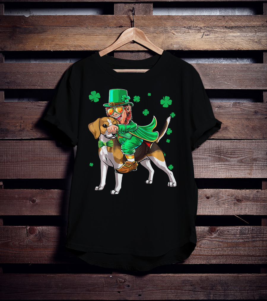 Leprechaun Riding Beagle With Shamrocks For St. Patrick's Day T-Shirt