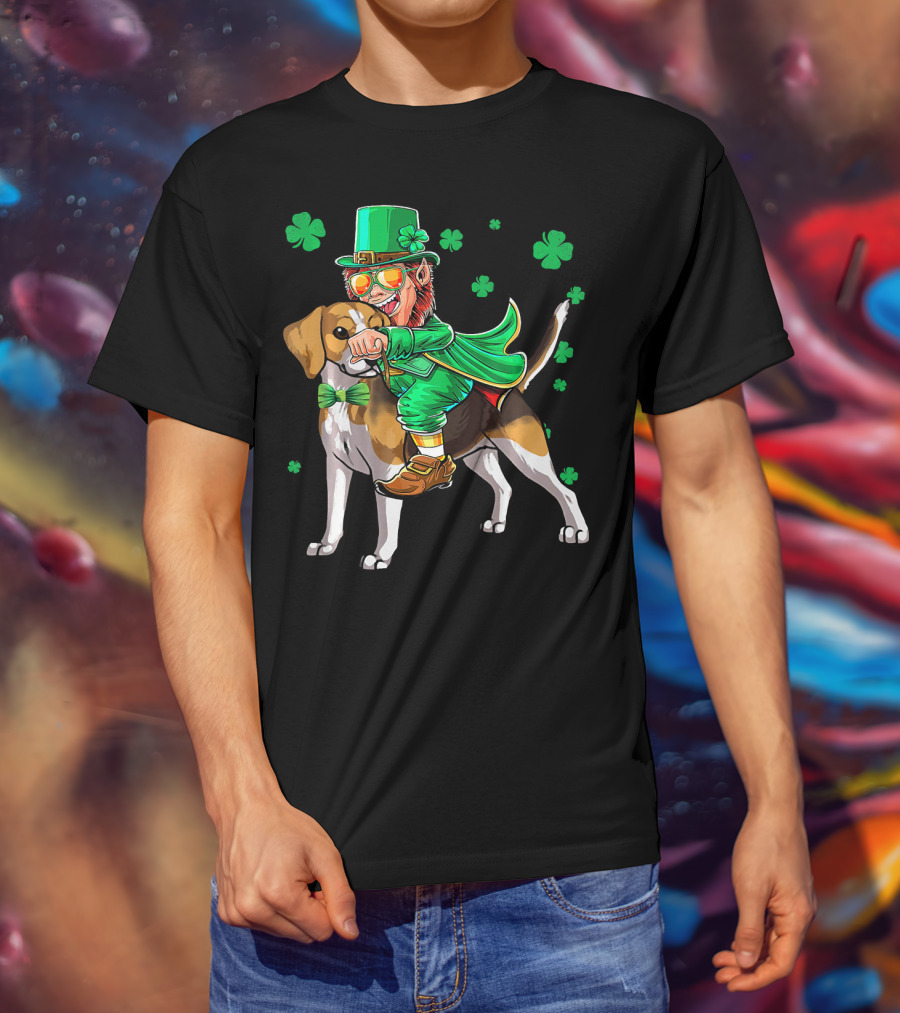 Leprechaun Riding Beagle With Shamrocks For St. Patrick's Day T-Shirt