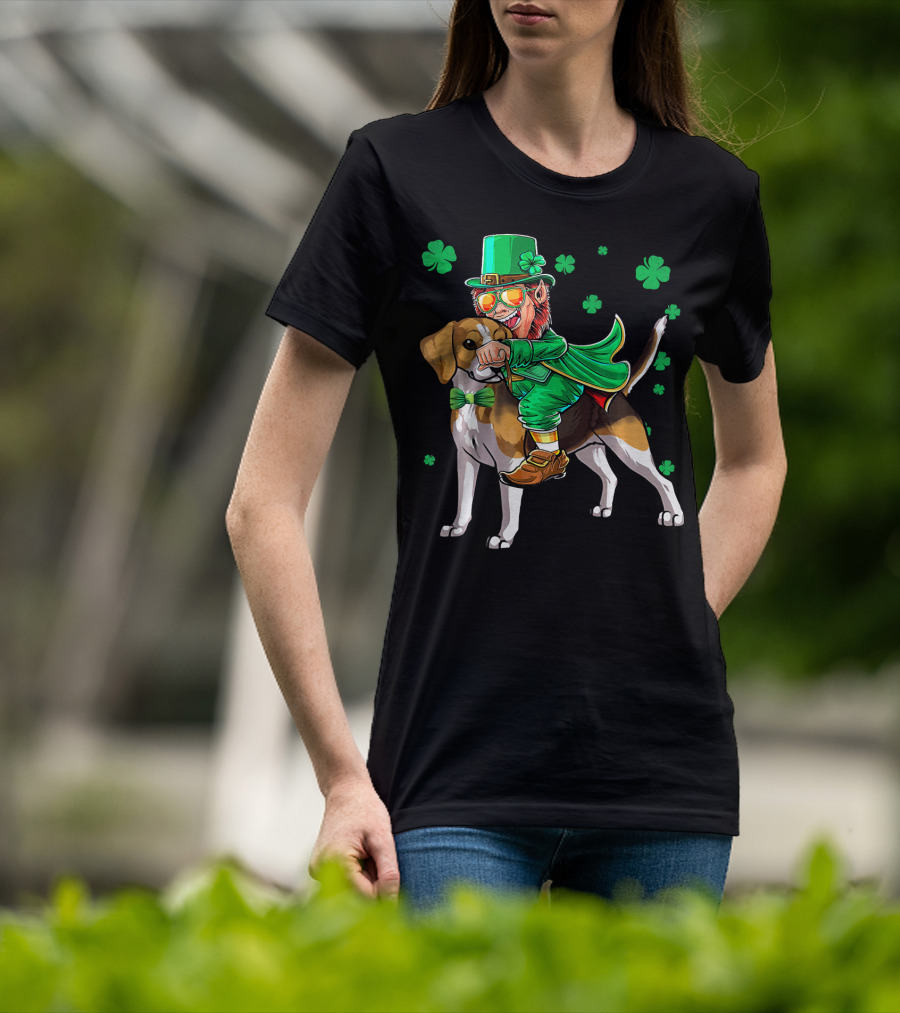 Leprechaun Riding Beagle With Shamrocks For St. Patrick's Day T-Shirt