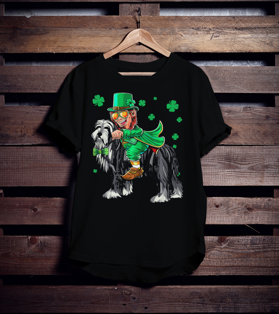 Leprechaun Riding Bearded Collie With Shamrocks T-Shirt