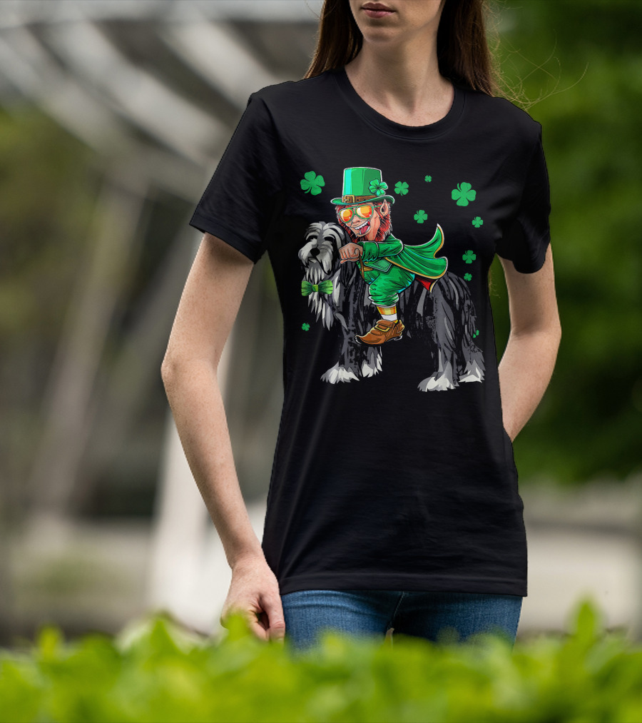Leprechaun Riding Bearded Collie With Shamrocks T-Shirt