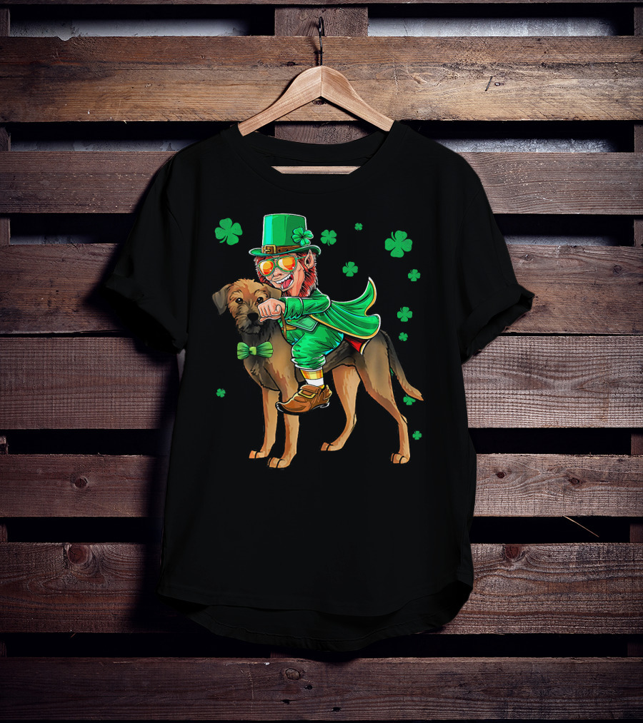 Leprechaun Riding Border Terrier With Shamrocks T-Shirt