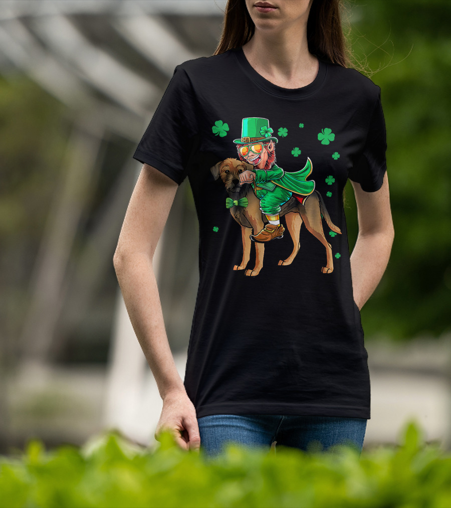 Leprechaun Riding Border Terrier With Shamrocks T-Shirt