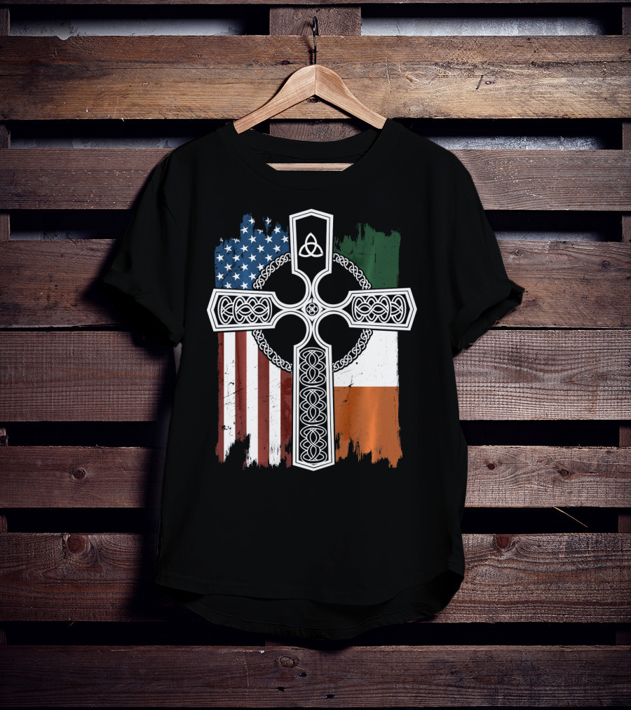 American Irish Flag Celtic Cross With Triquetra T-Shirt