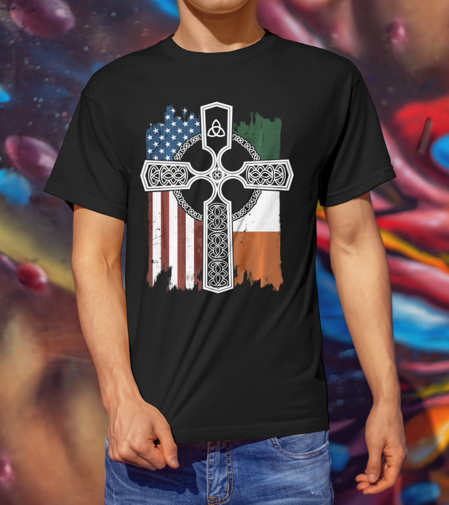 American Irish Flag Celtic Cross With Triquetra T-Shirt