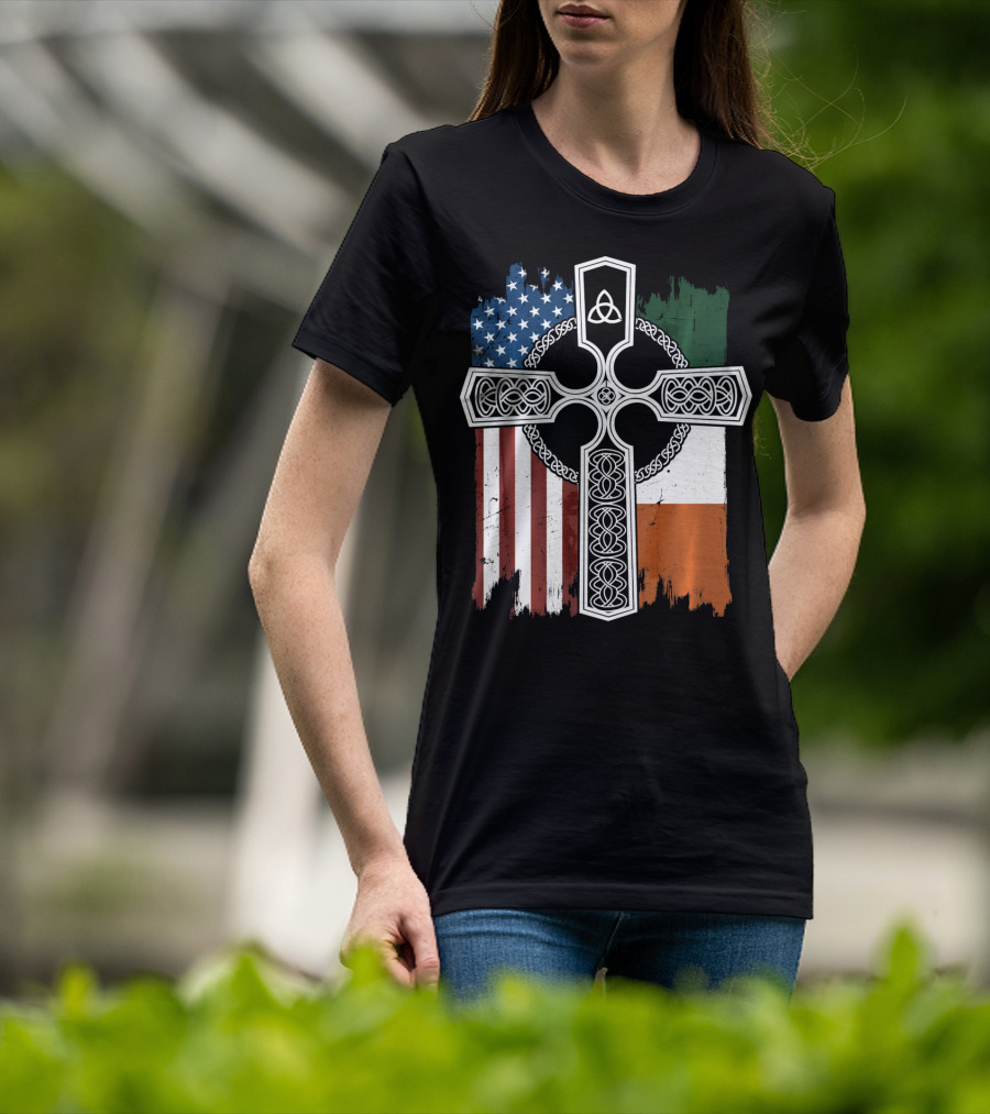 American Irish Flag Celtic Cross With Triquetra T-Shirt