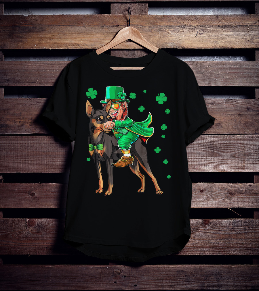 Leprechaun Miniature Pinscher Riding Shamrock Adventure T-Shirt