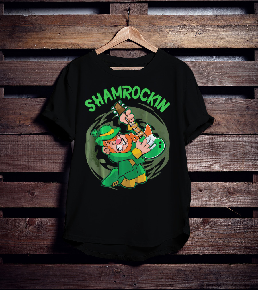 Shamrockin Leprechaun Playing Guitar In Green T-Shirt