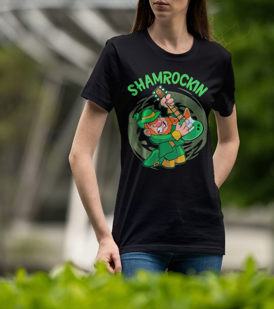 Shamrockin Leprechaun Playing Guitar In Green T-Shirt