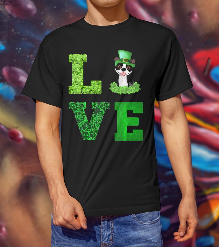 Love Boston Terrier St Patricks Day Clover Hat T-Shirt