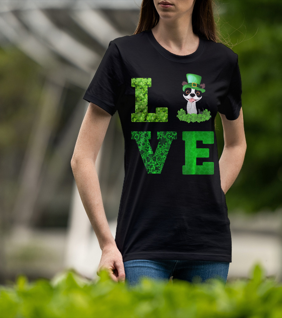 Love Boston Terrier St Patricks Day Clover Hat T-Shirt