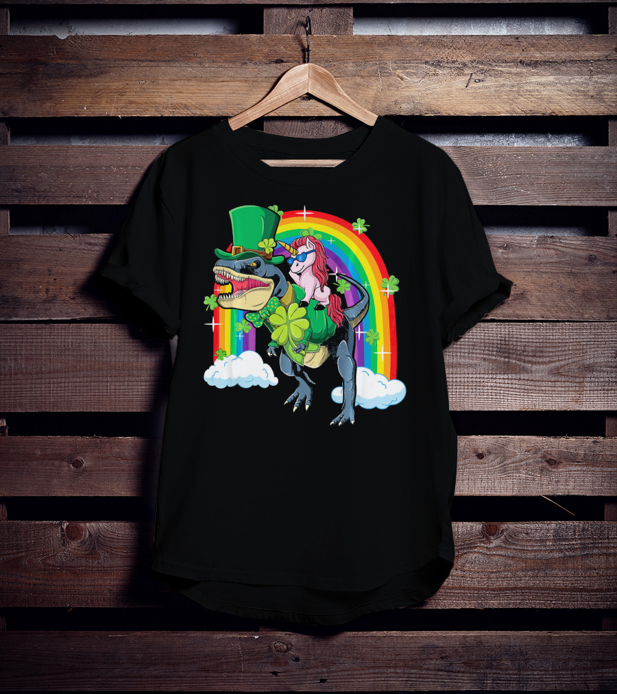 Unicorn Riding Dinosaur Leprechaun Rainbow Shamrocks T-Shirt