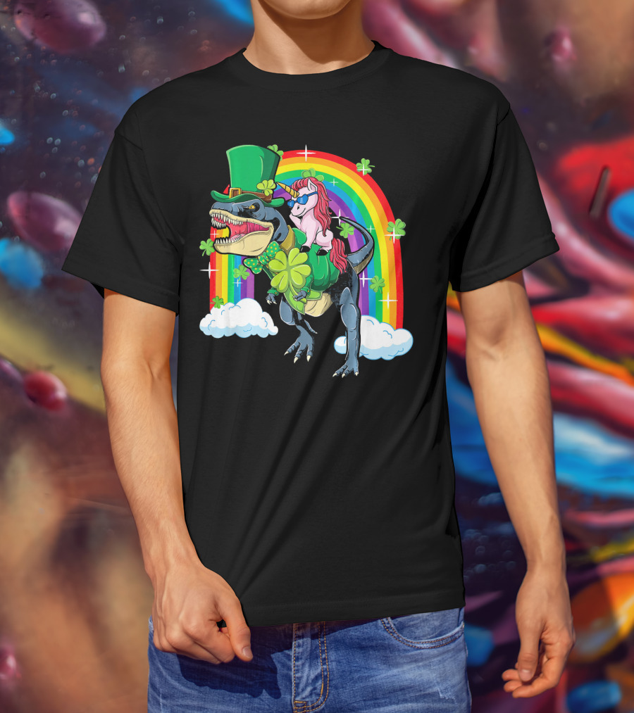 Unicorn Riding Dinosaur Leprechaun Rainbow Shamrocks T-Shirt