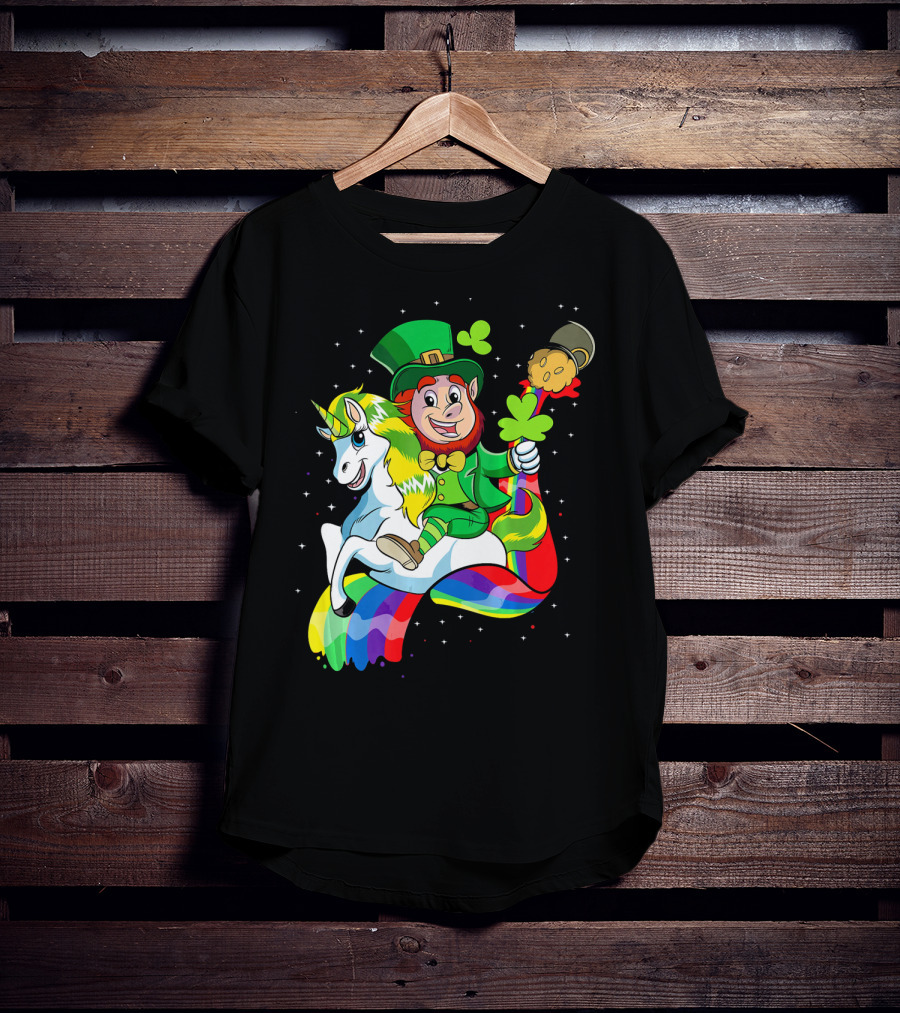 St Patricks Day Leprechaun Riding Unicorn With Rainbow Lucky Charms T-Shirt