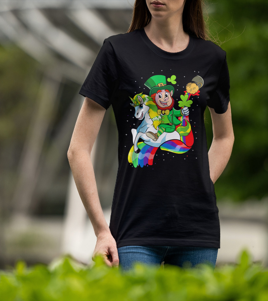 St Patricks Day Leprechaun Riding Unicorn With Rainbow Lucky Charms T-Shirt