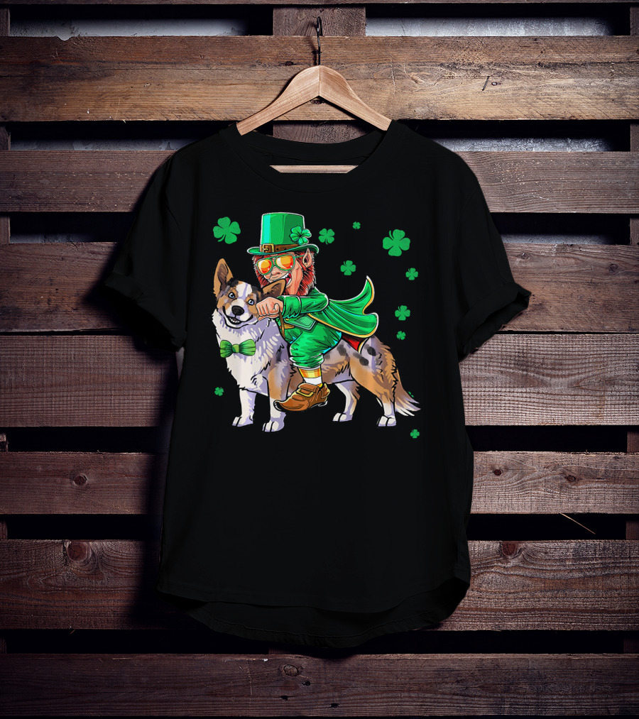Leprechaun Riding Cardigan Welsh Corgi With Shamrocks T-Shirt