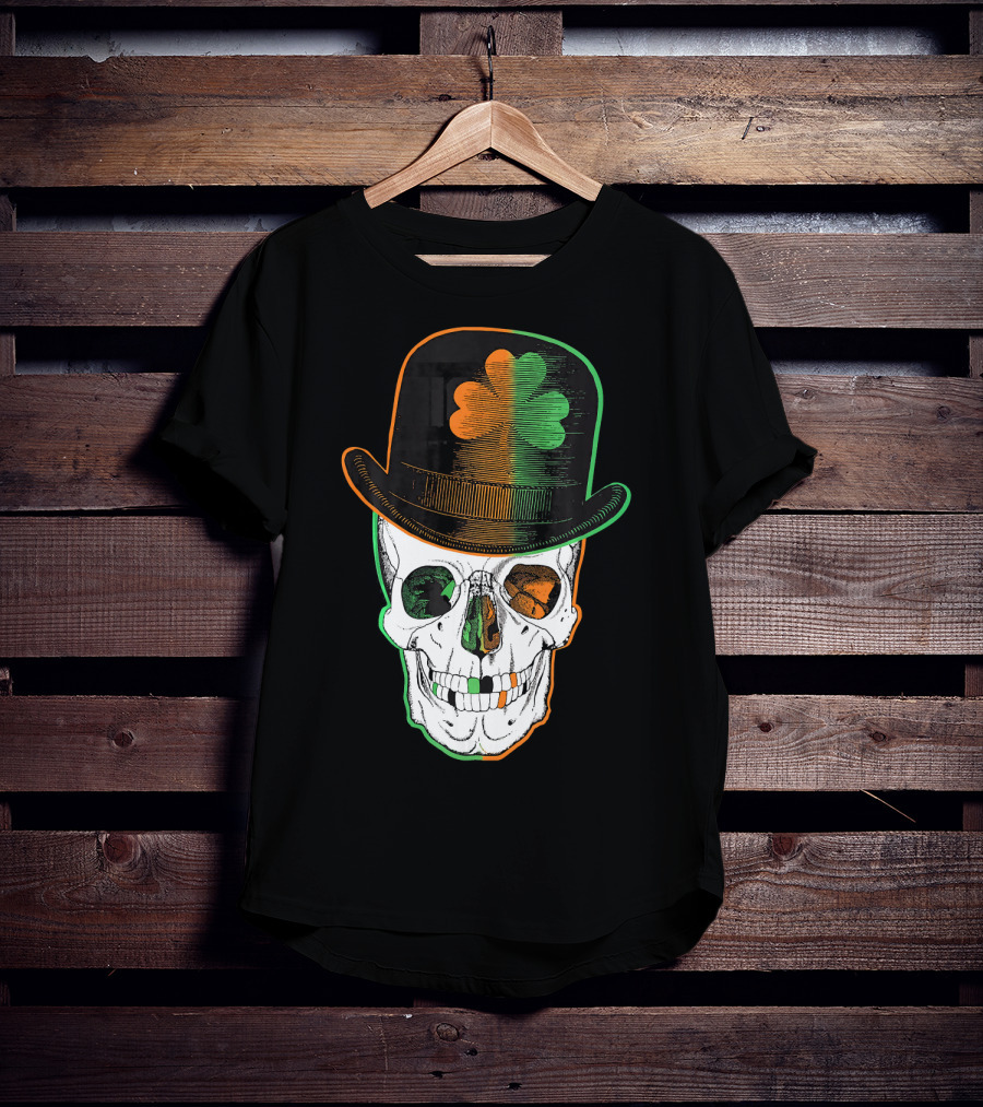St Paddys Day Irish Leprechaun Skull Shamrock Hat T-Shirt