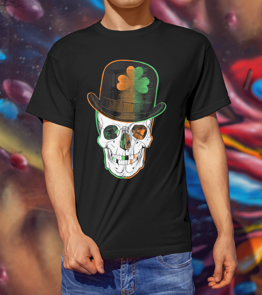 St Paddys Day Irish Leprechaun Skull Shamrock Hat T-Shirt