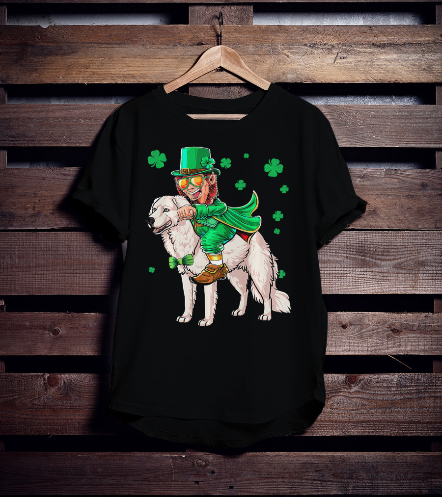 Leprechaun Riding Kuvasz Surrounded By Shamrocks For St. Patrick's Day T-Shirt