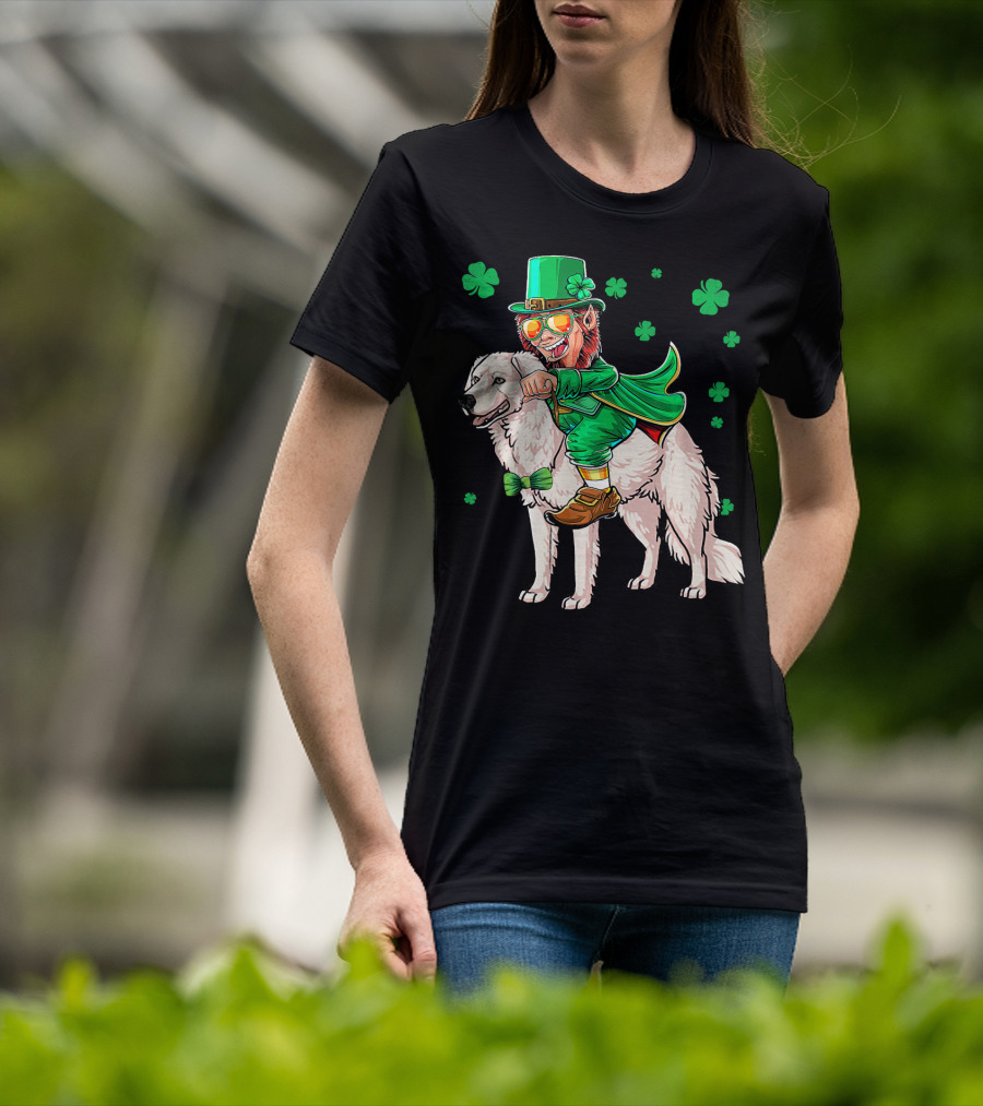 Leprechaun Riding Kuvasz Surrounded By Shamrocks For St. Patrick's Day T-Shirt