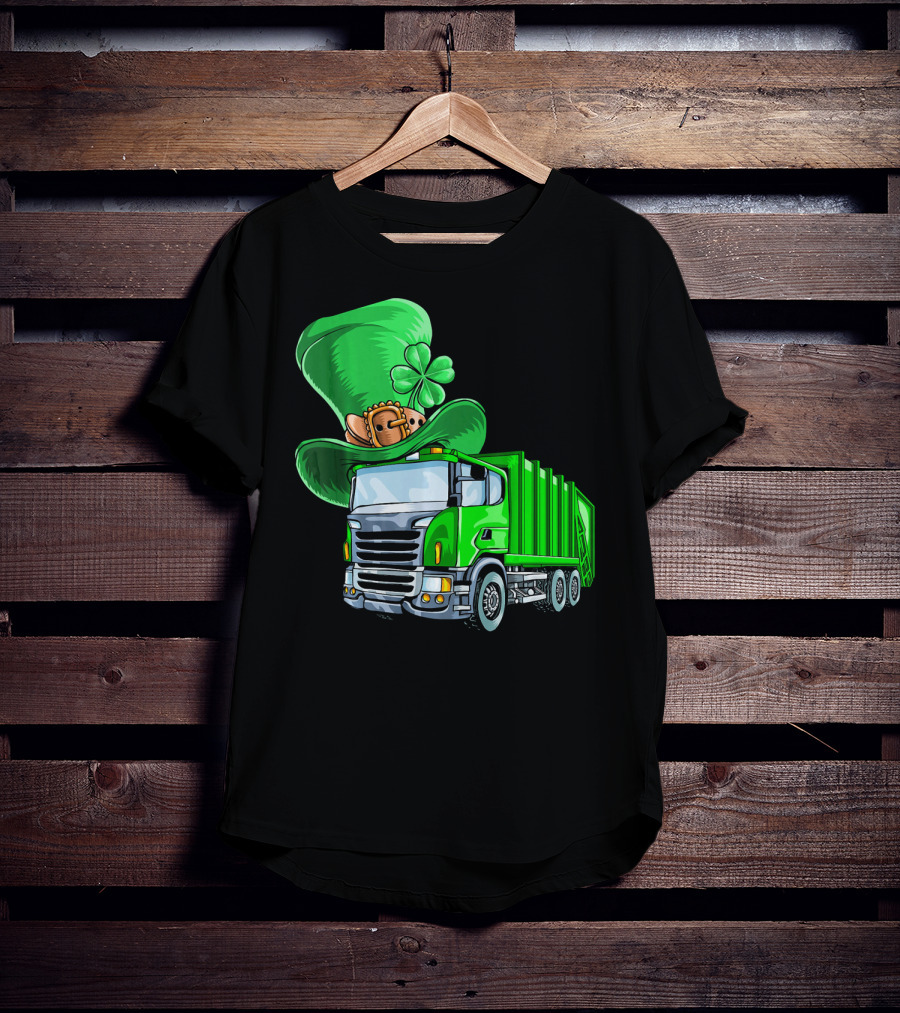 St Patricks Day Garbage Truck With Leprechaun Hat And Four-Leaf Clover T-Shirt