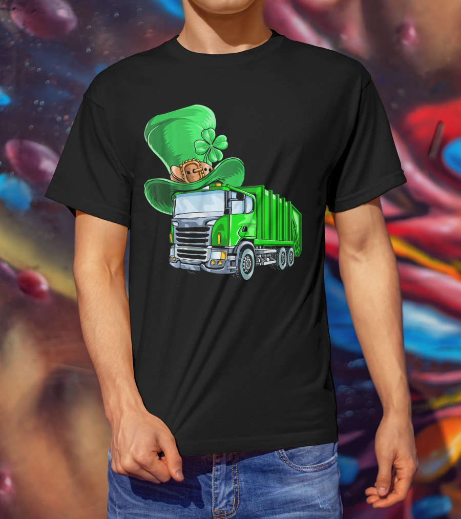 St Patricks Day Garbage Truck With Leprechaun Hat And Four-Leaf Clover T-Shirt