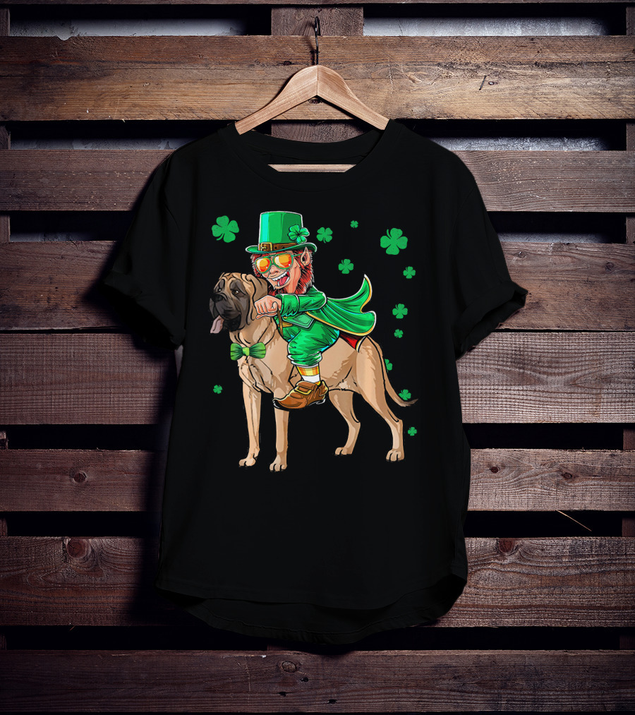 Leprechaun Riding English Mastiff With Shamrocks T-Shirt