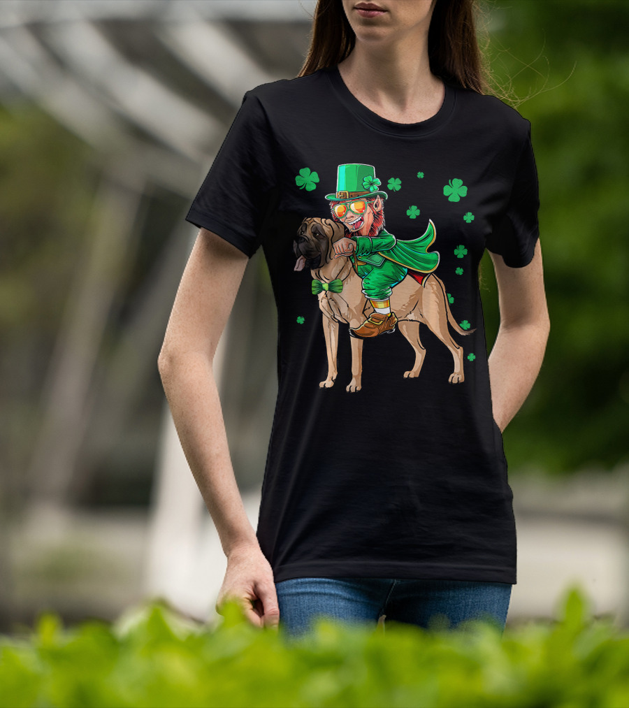 Leprechaun Riding English Mastiff With Shamrocks T-Shirt