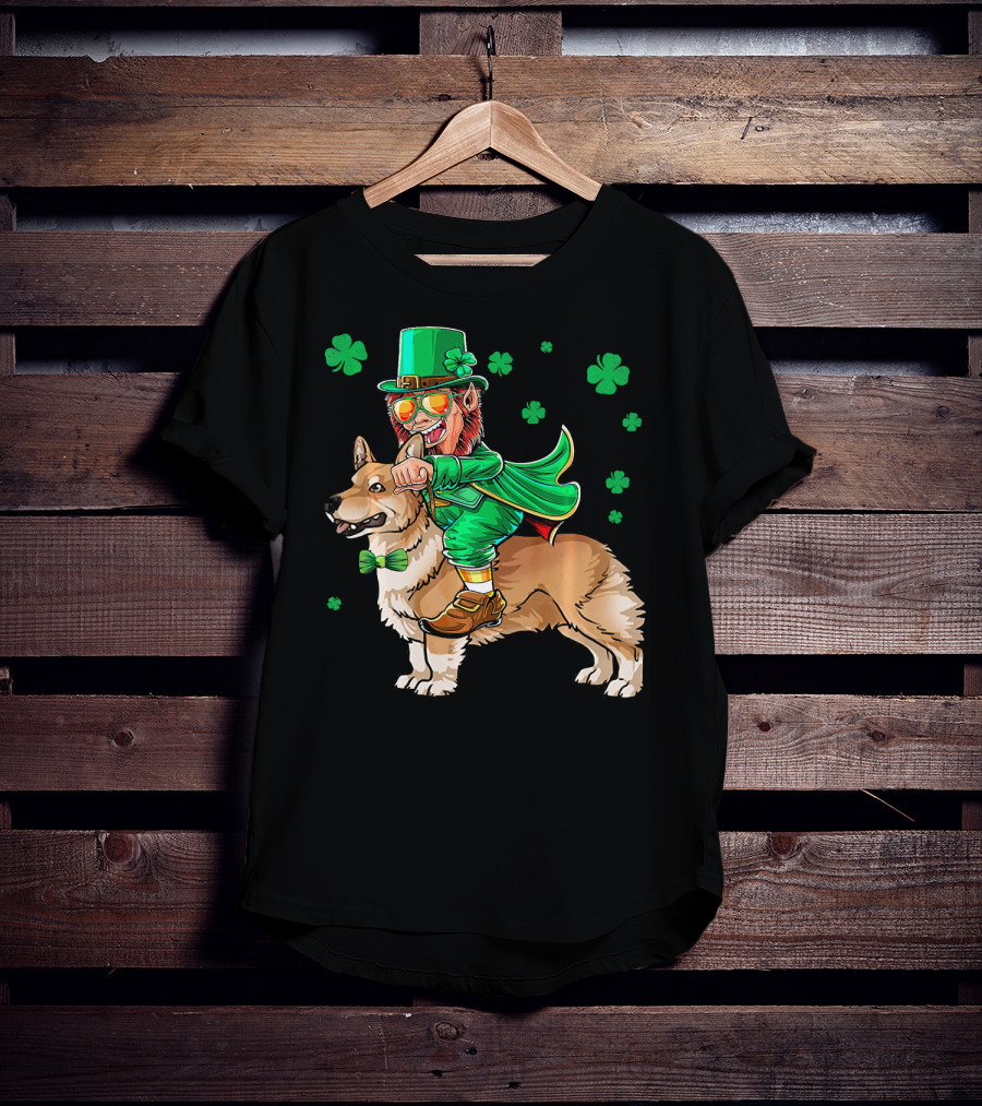 Leprechaun Riding Pembroke Welsh Corgi With Shamrocks T-Shirt