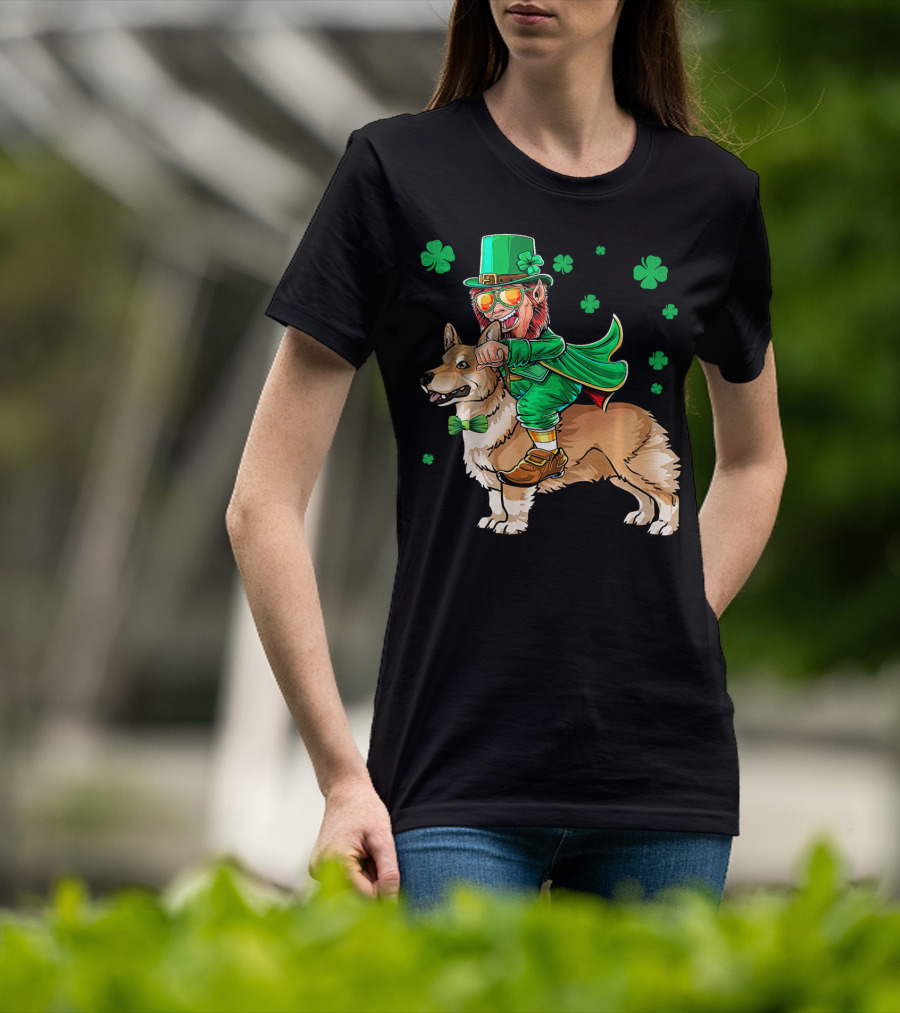 Leprechaun Riding Pembroke Welsh Corgi With Shamrocks T-Shirt