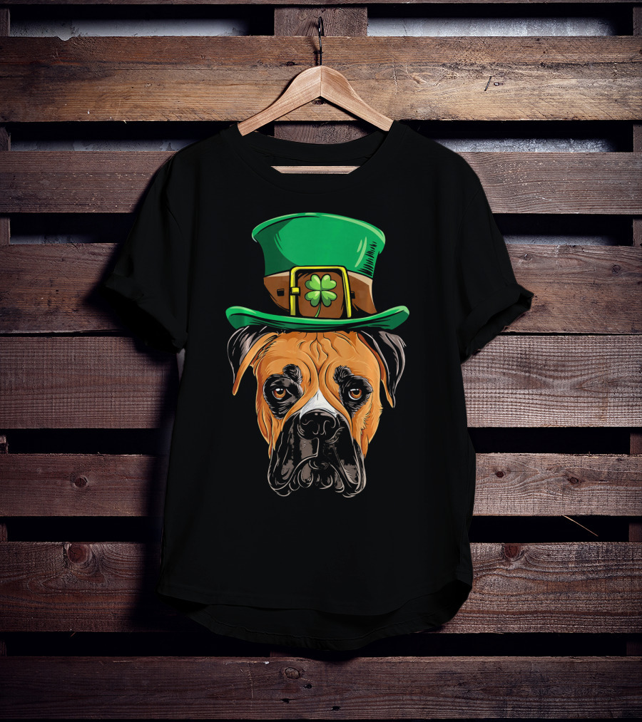 St. Patrick's Day Boxer Dog With Green Top Hat And Shamrock T-Shirt