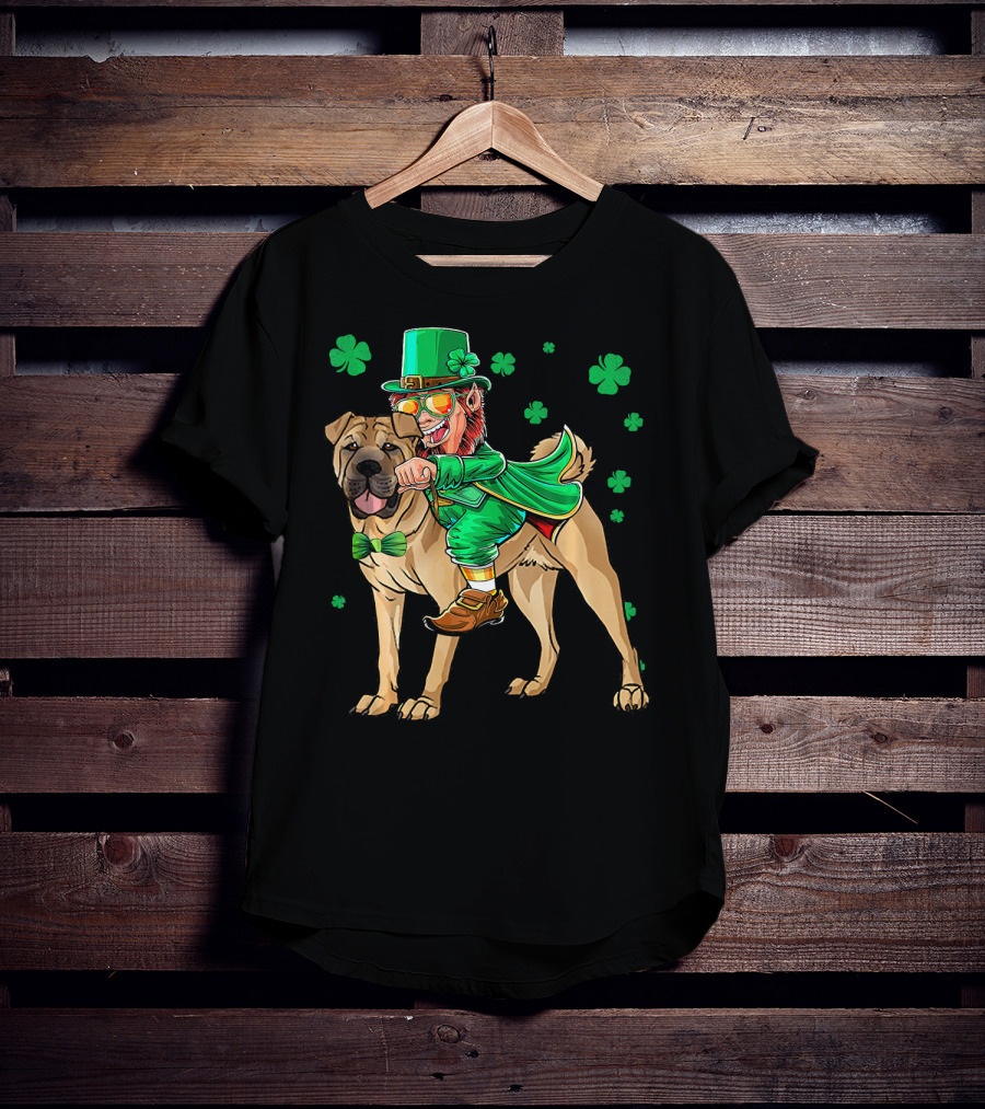 Leprechaun Riding Chinese Shar Pei With Shamrock Bowtie And Hat T-Shirt